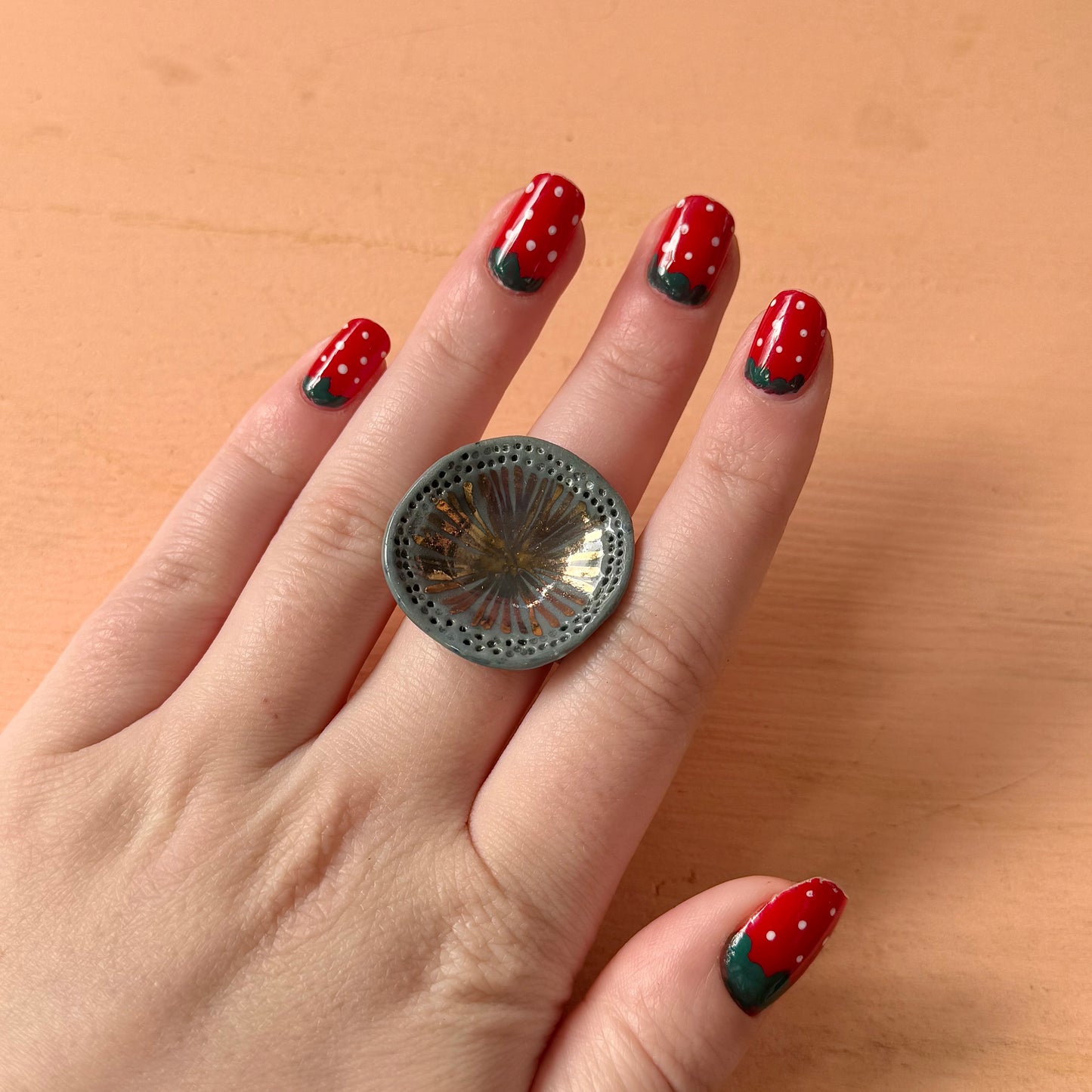 Hand Painted Porcelain Ring with Gold Lustre Detail size O