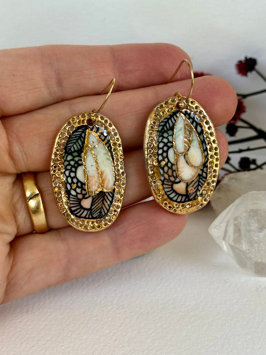 Porcelain hand painted ‘seafoam’ earrings with gold top