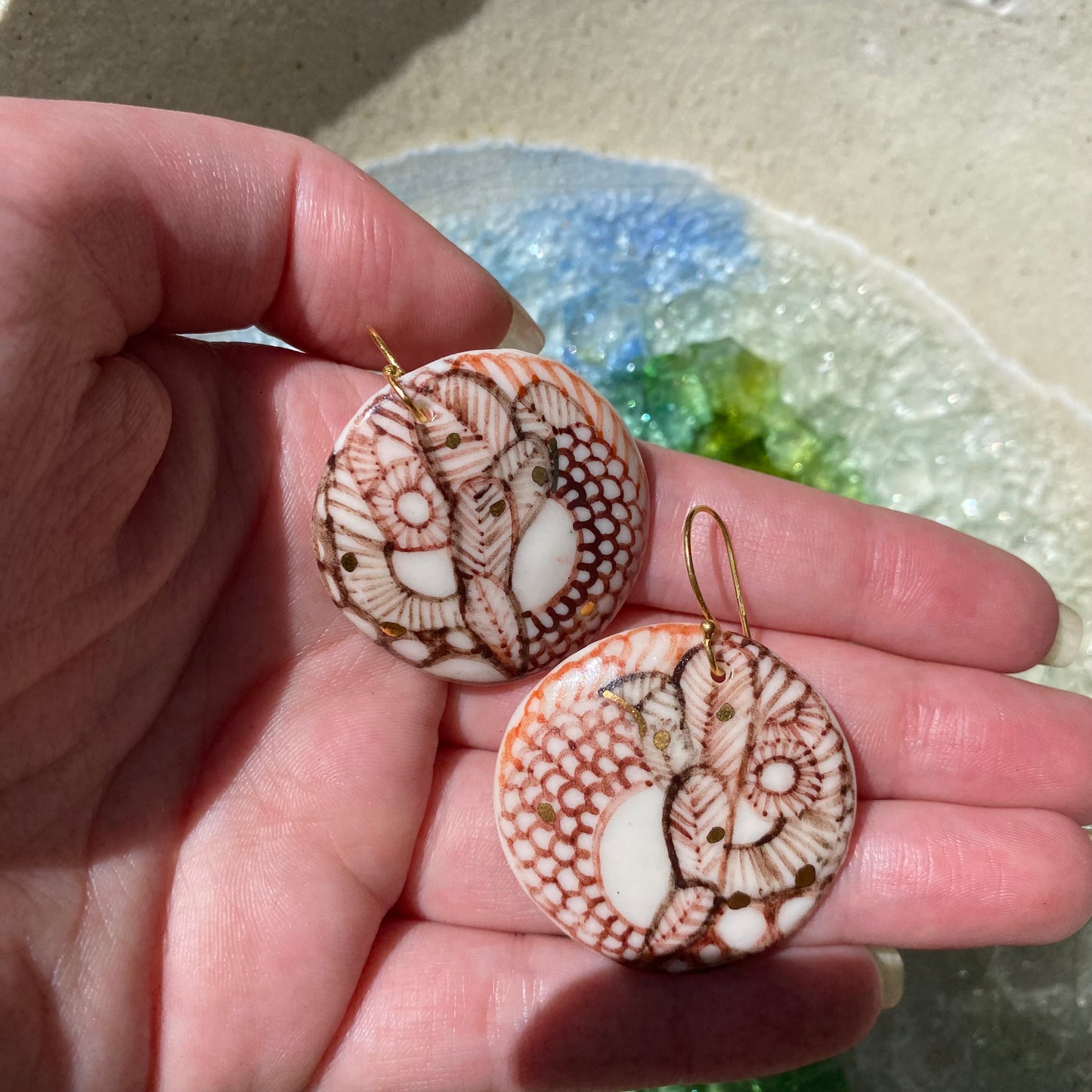 Warm Toned Porcelain Earrings With Hand Illustrated Design