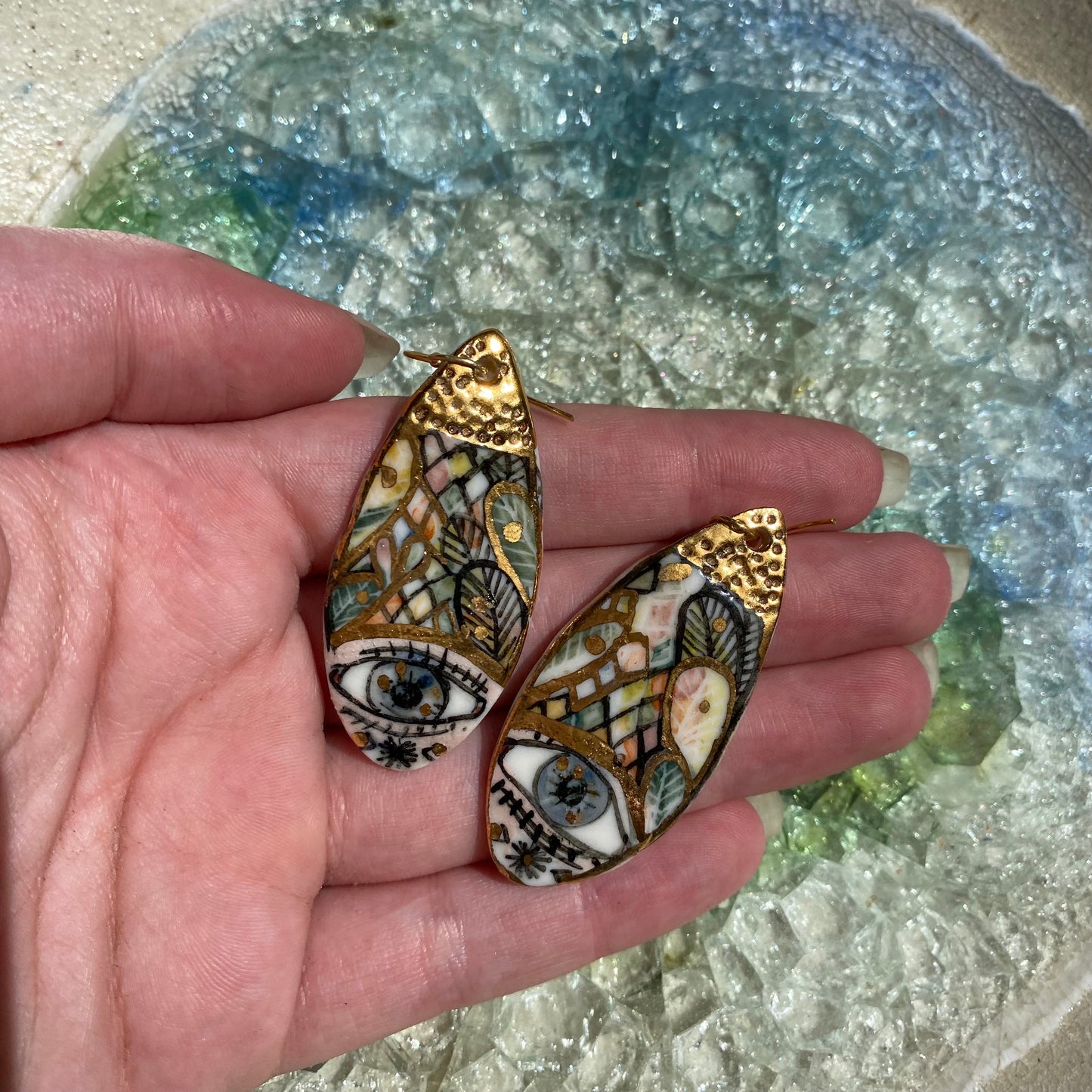 ‘The Protective Eye’ Long Porcelain Earrings With Gold Detail