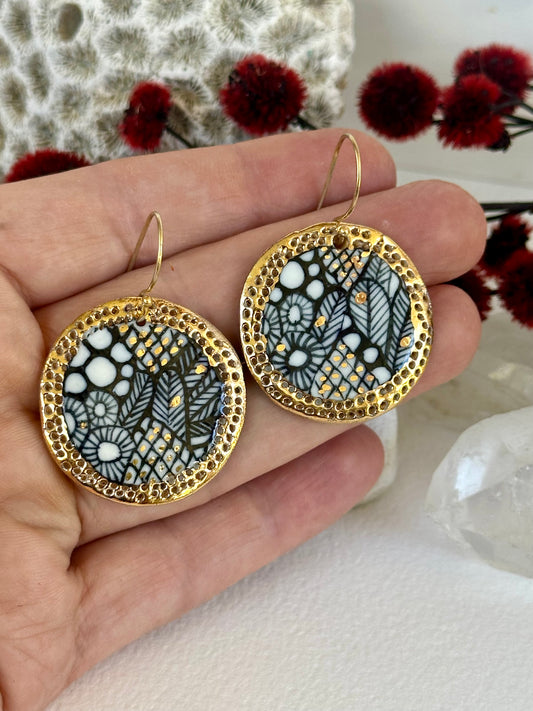 Porcelain hand painted ‘seafoam’ earrings with gold border