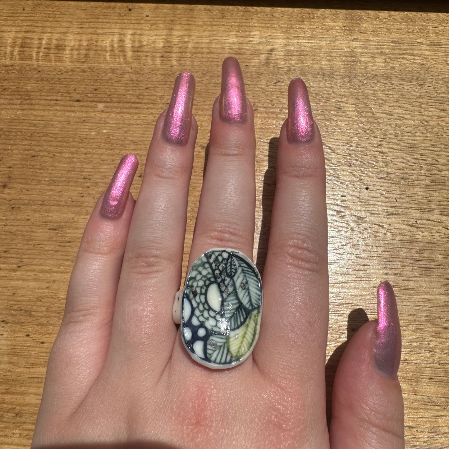 Hand Painted Porcelain Ring, Blue + Green