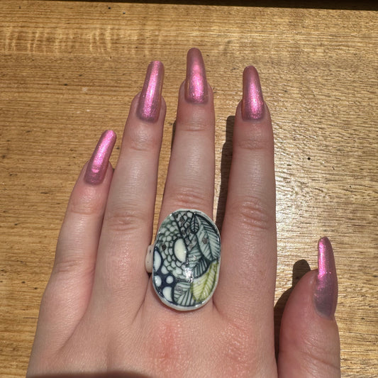 Hand Painted Porcelain Ring, Blue + Green