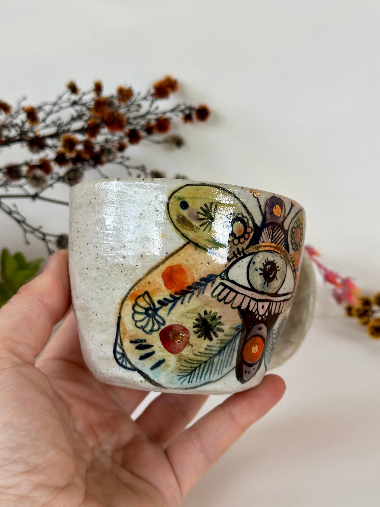 ‘moth’ hand painted cup