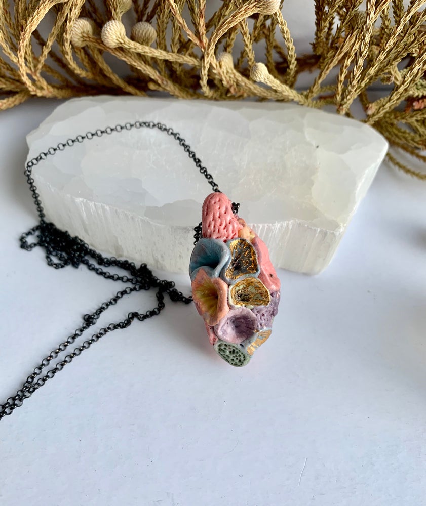 Coloured porcelain ‘coral’ pendant on oxidised sterling silver chain