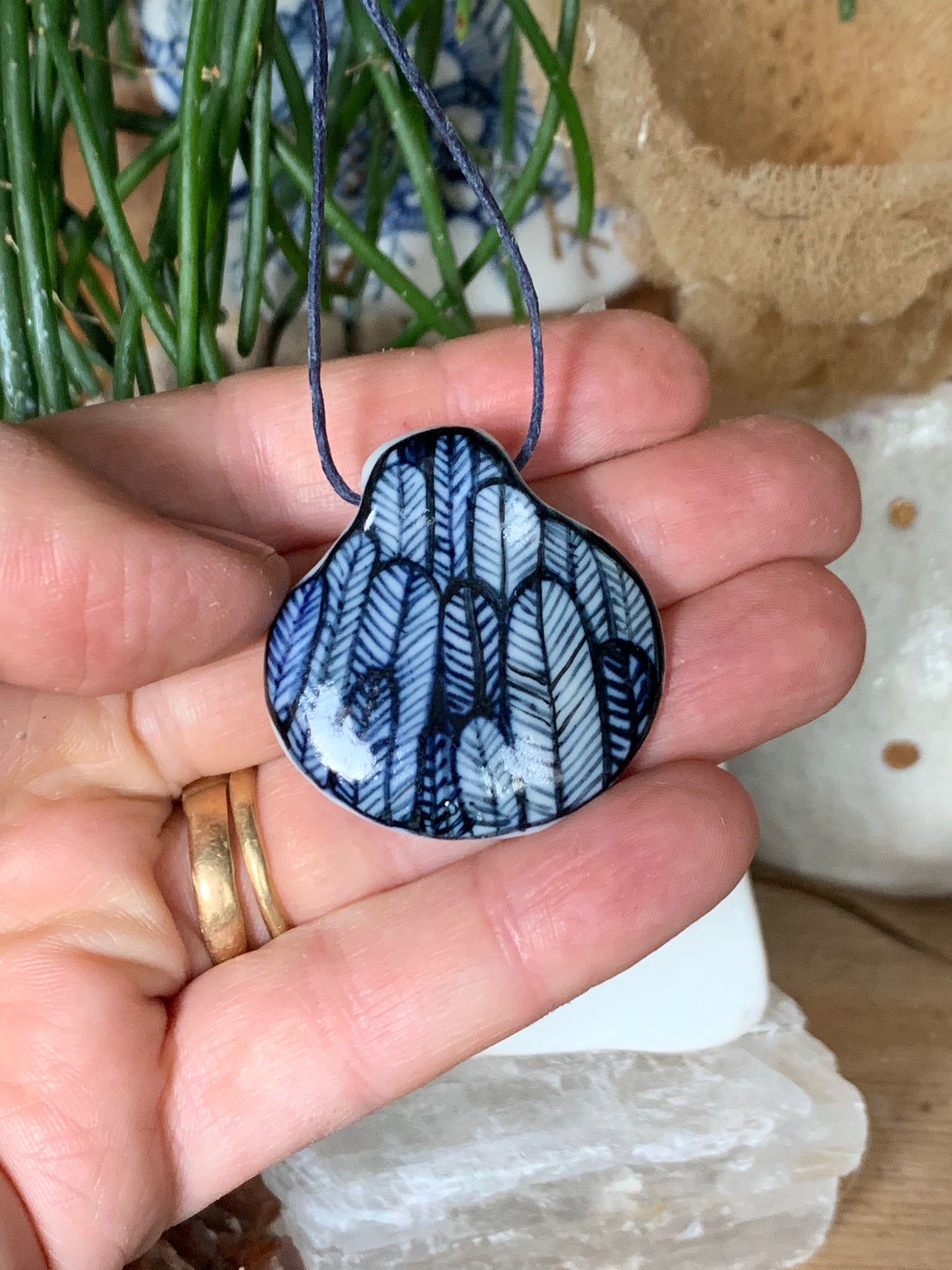Hand Painted small indigo ‘feather’ Pendant