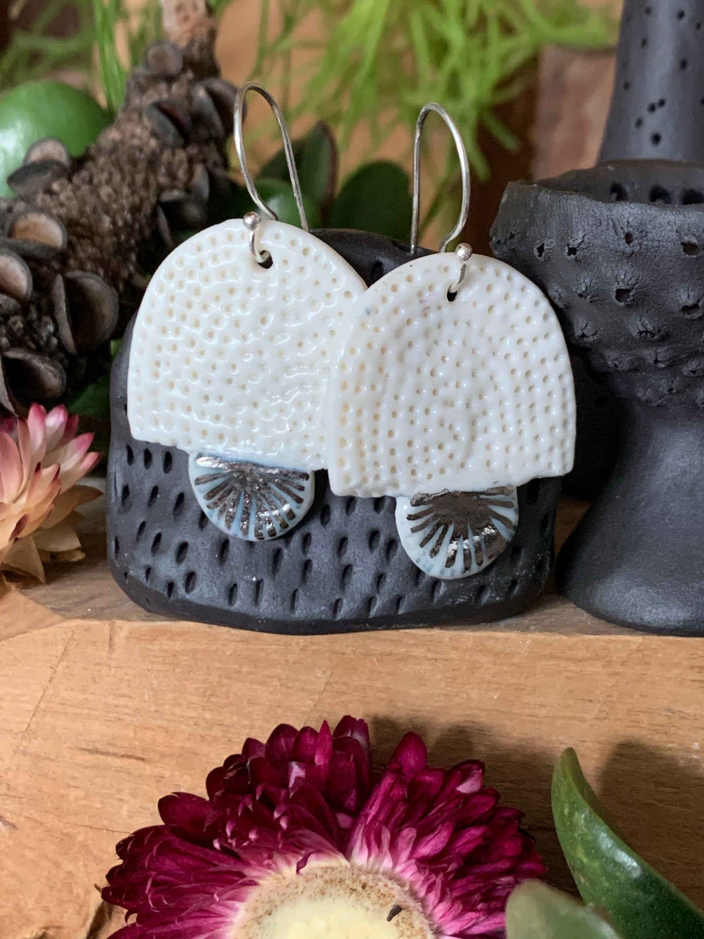 ‘Coral dot’ with silver porcelain earrings