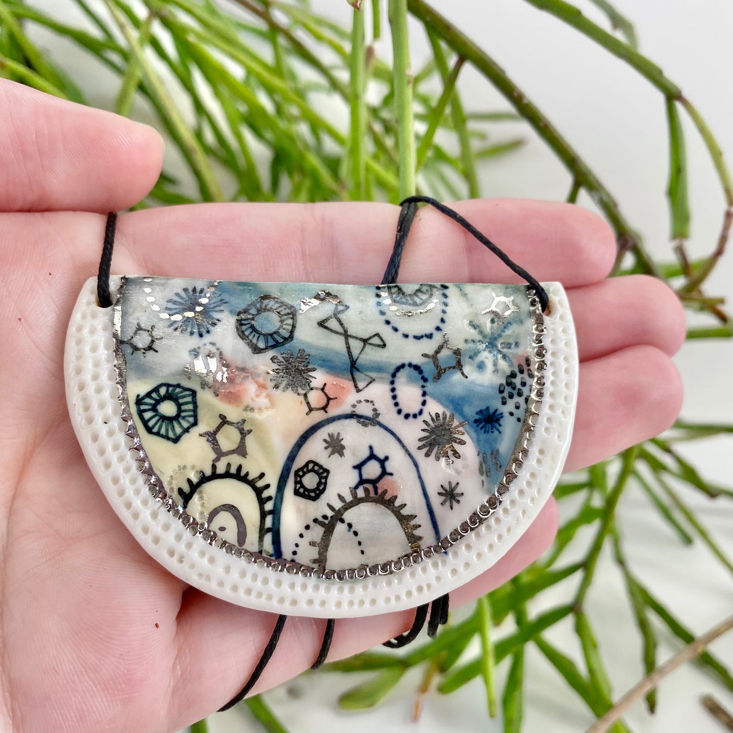 Hand Painted Crescent Porcelain Pendant