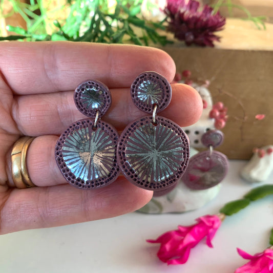 ‘Double star’ purple Porcelain Earrings with Platinum Lustre Detail