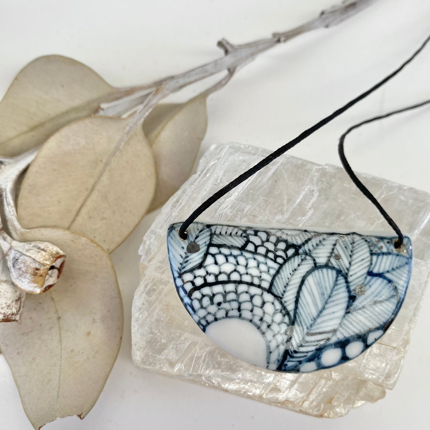 Hand Painted Crescent Porcelain Pendant