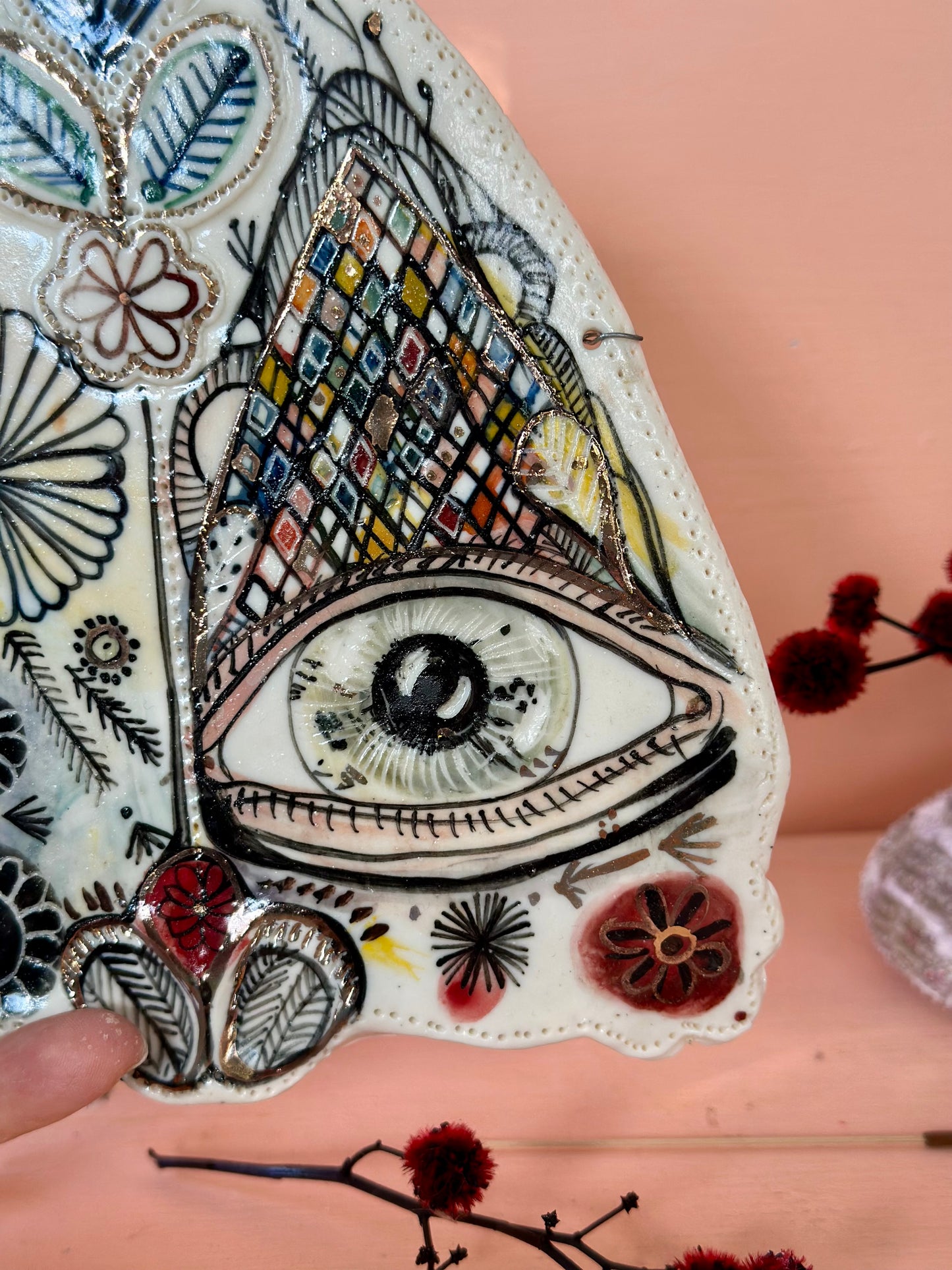 ‘Moth’ porcelain wall piece, with gold lustre detail