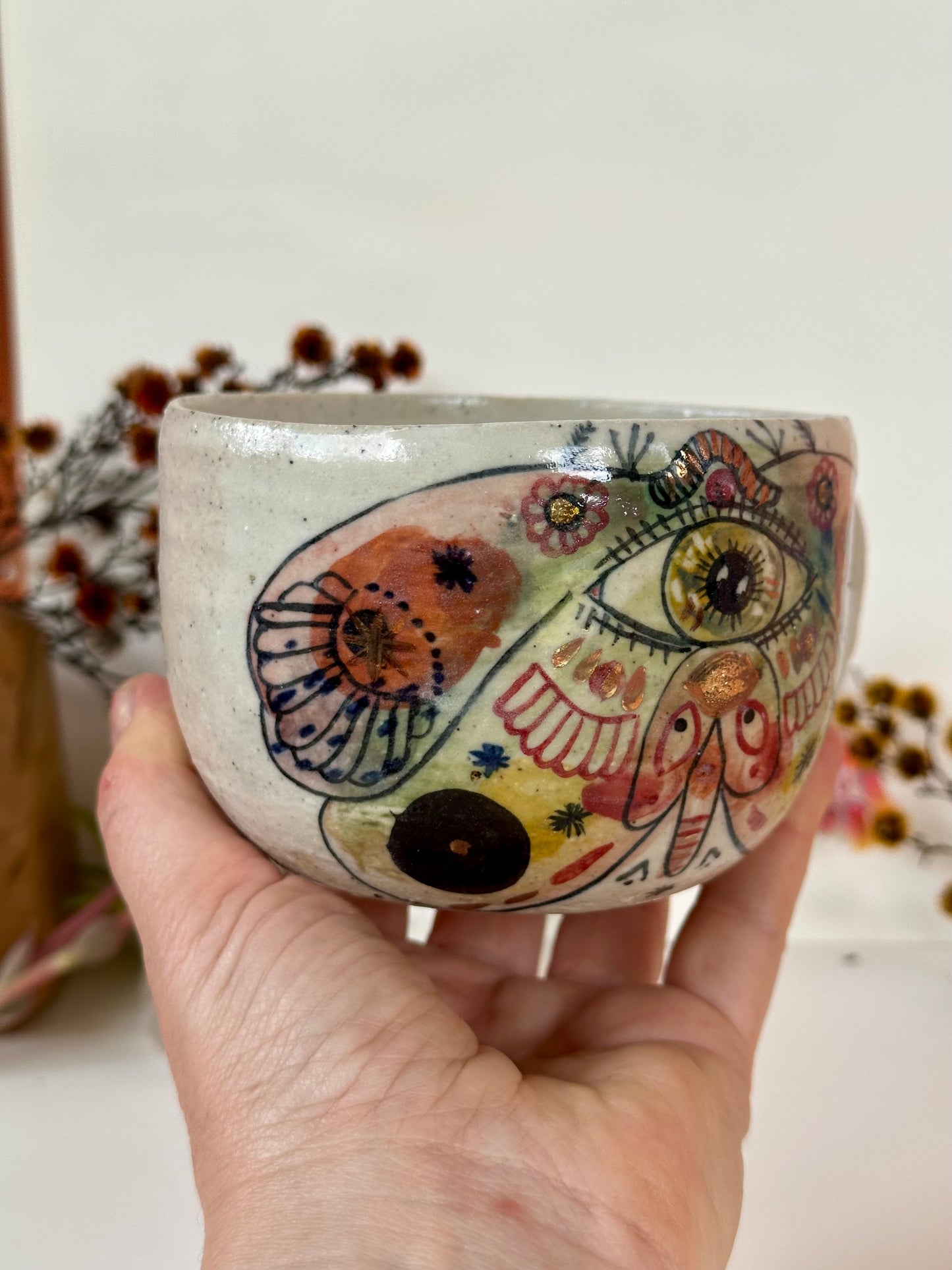 ‘moth’ hand painted cup