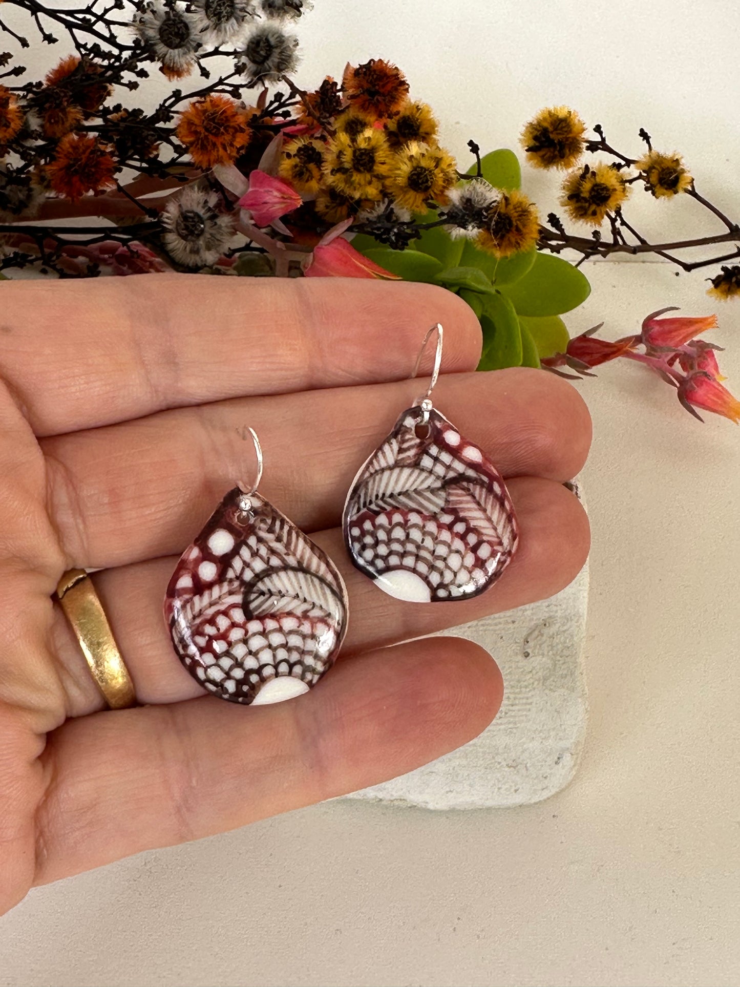 Burgundy Toned Porcelain Earrings With Hand Illustrated Design