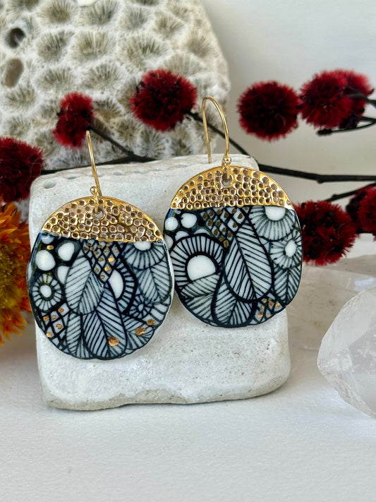 Porcelain hand painted ‘seafoam’ earrings with gold top