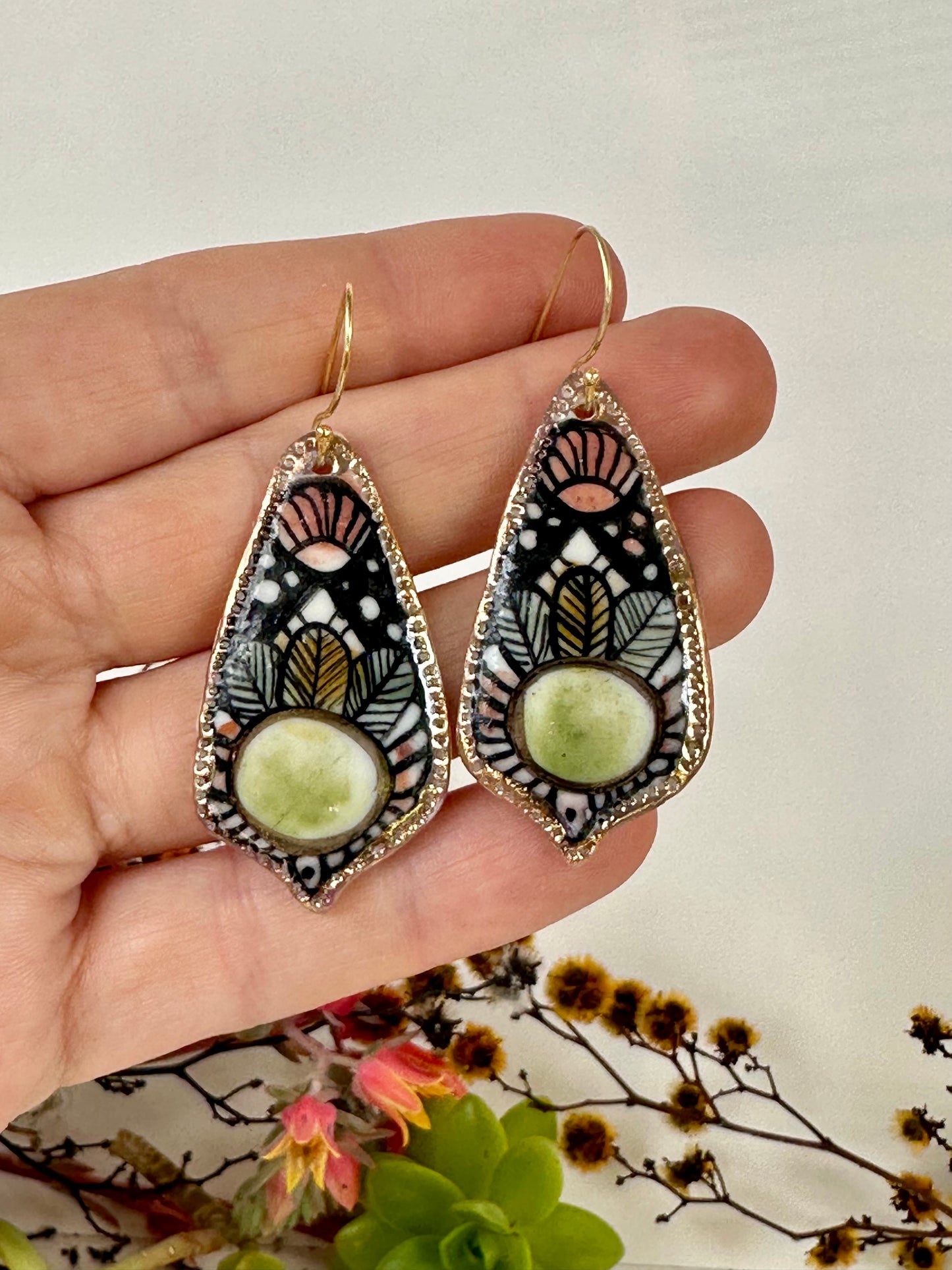 Hand Painted Porcelain Earrings Green