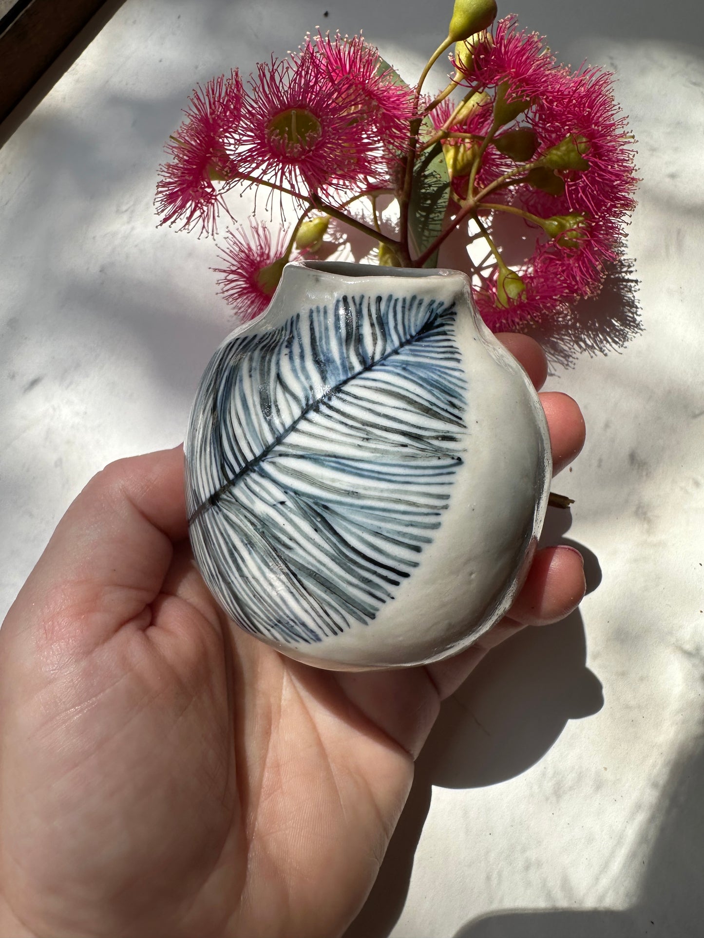 Indigo ‘Feather’ Hand Painted Porcelain Bud Vase