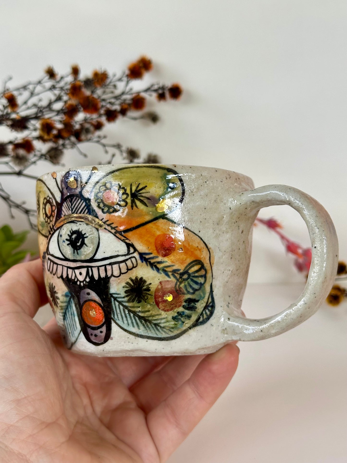‘moth’ hand painted cup