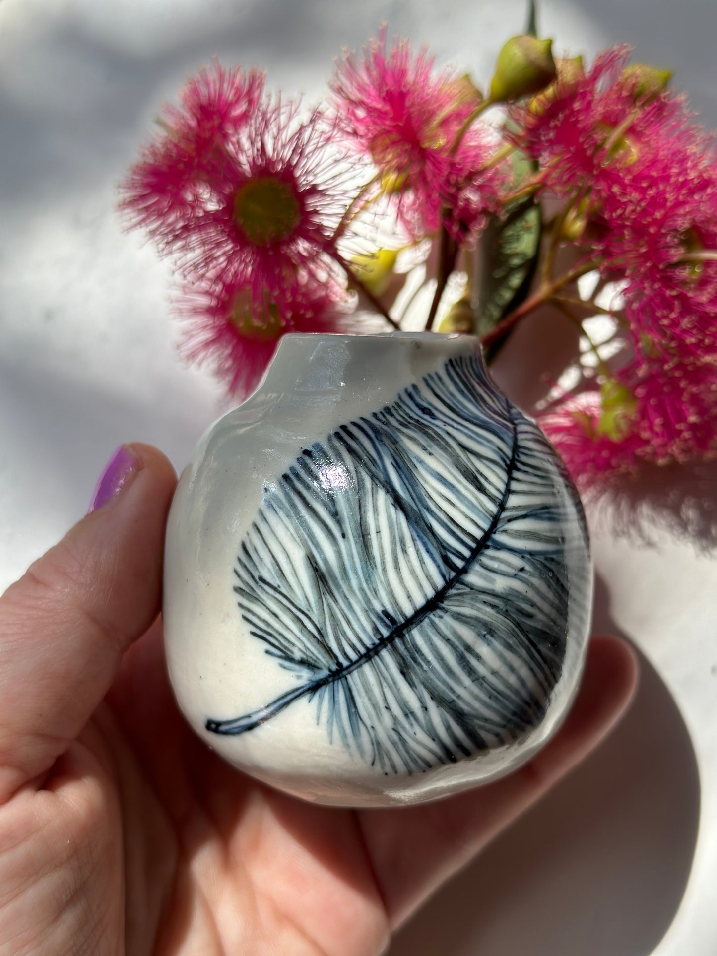 Indigo ‘Feather’ Hand Painted Porcelain Bud Vase