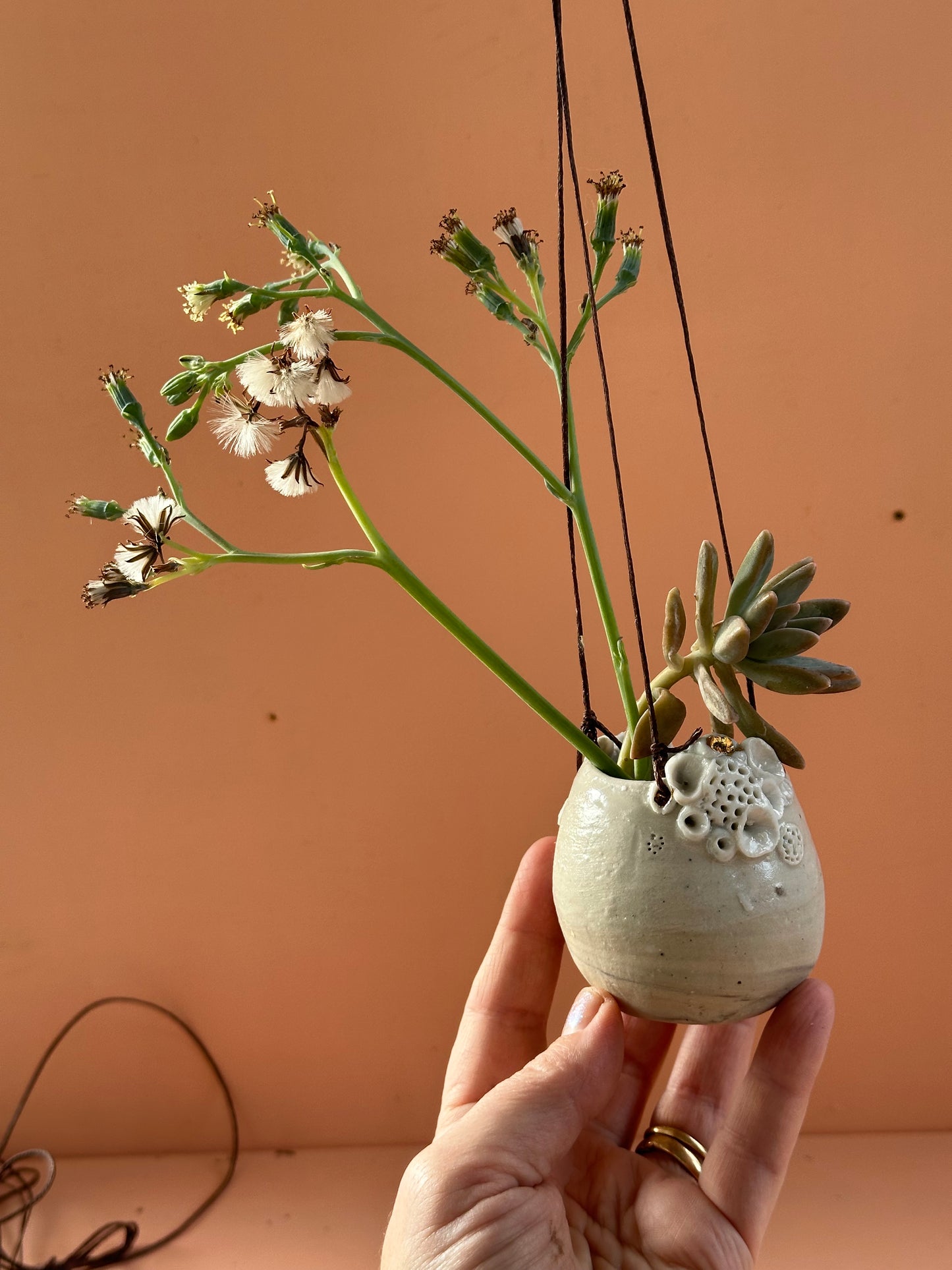 ‘Coral’ planter pot, tiny, hanging with drainage  hole