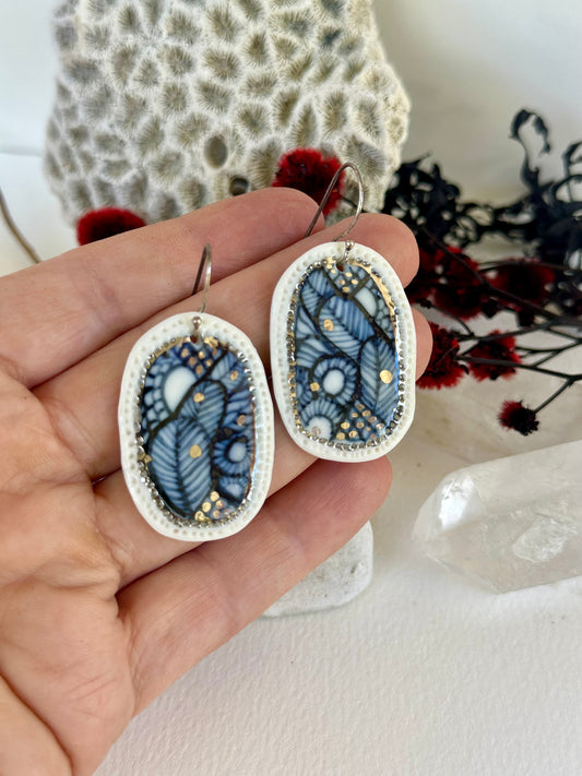 Hand Painted Porcelain ‘Seafoam’ Earrings with Silver Detail