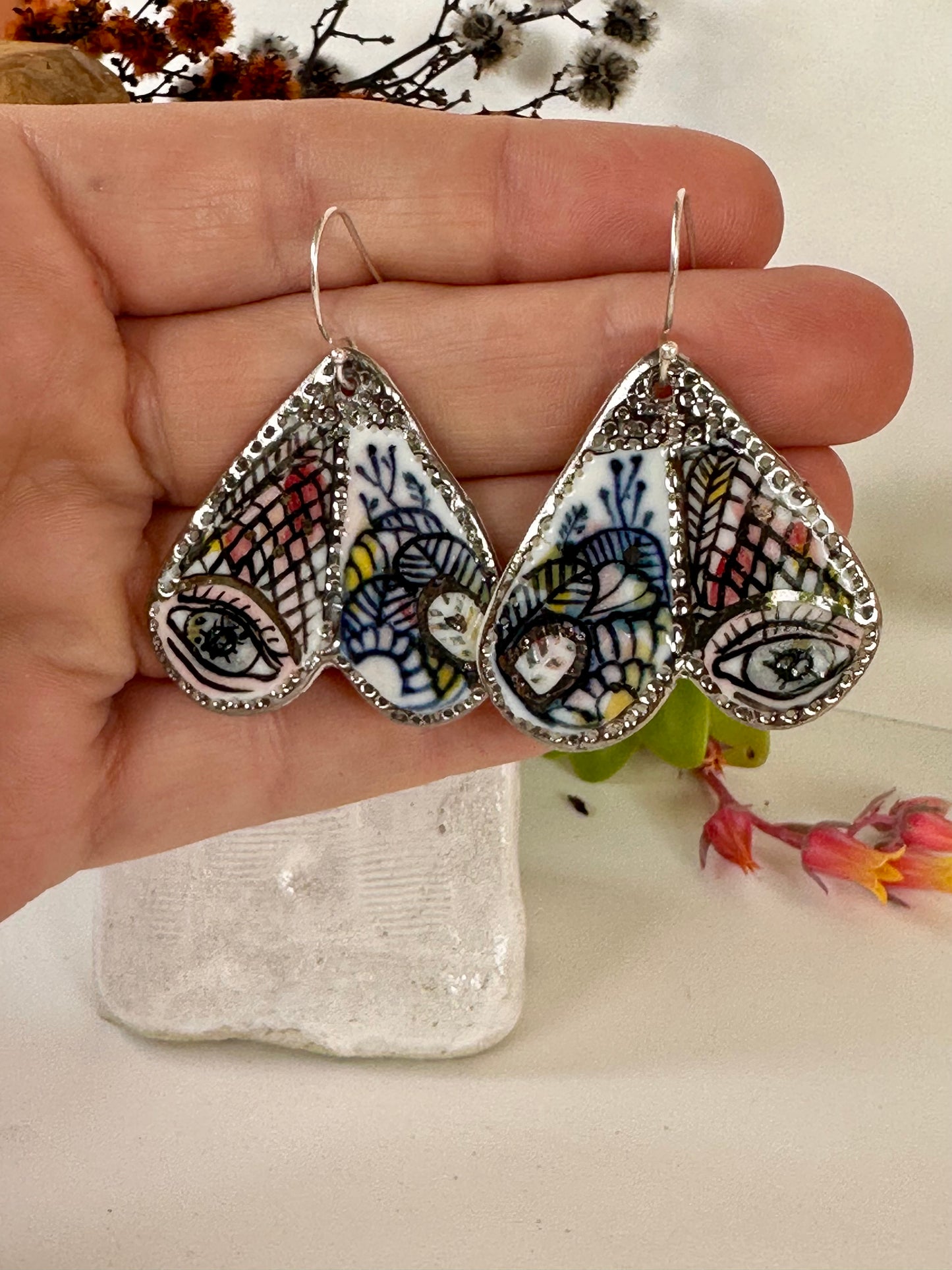 ‘Wings’ Porcelain Earrings with hand painted protective eye design