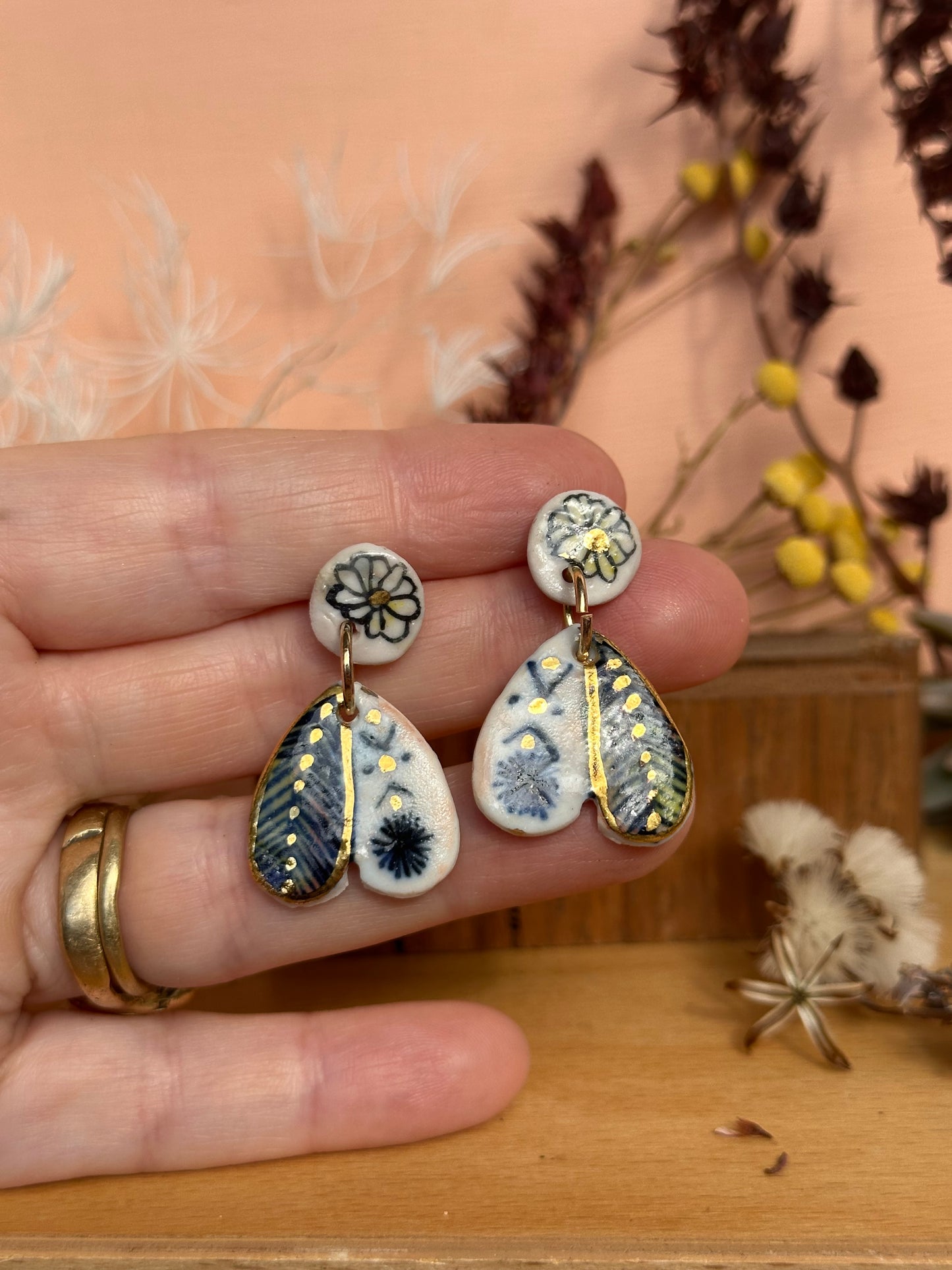 Double Drop ‘Wings’ Porcelain Earrings With Gold Detail