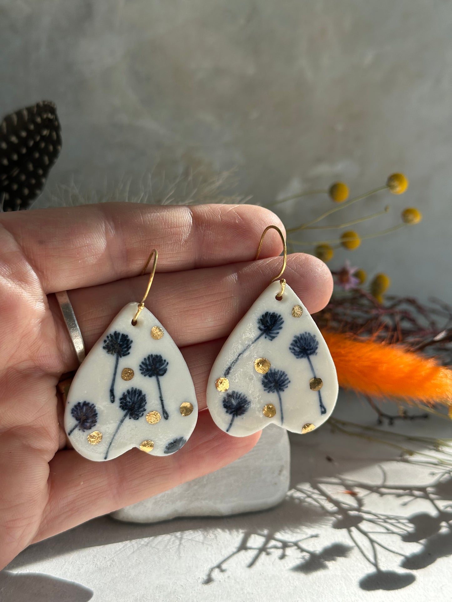 Hand Painted Dandelion Porcelain Earrings with gold dots