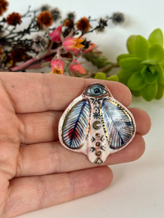‘The protective eye, moth’ Hand Painted Porcelain Brooch