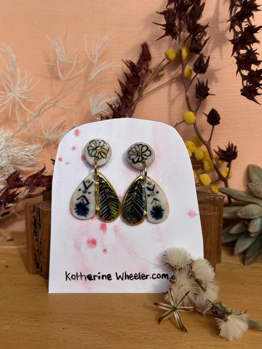 Double Drop ‘Wings’ Porcelain Earrings With Gold Detail