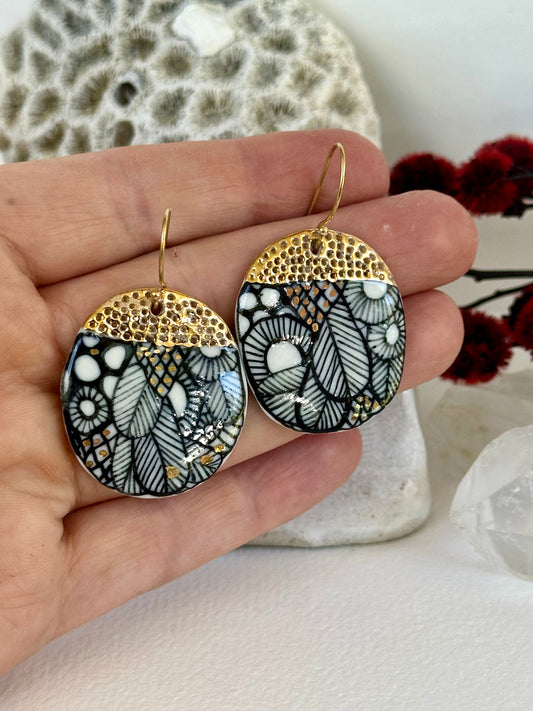 Porcelain hand painted ‘seafoam’ earrings with gold top