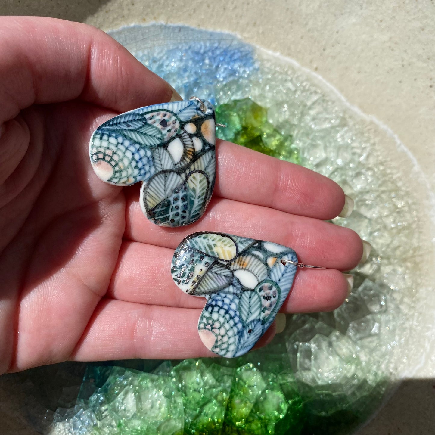 ‘Wings’ Porcelain Earrings With Hand Painted Sea Foam Design