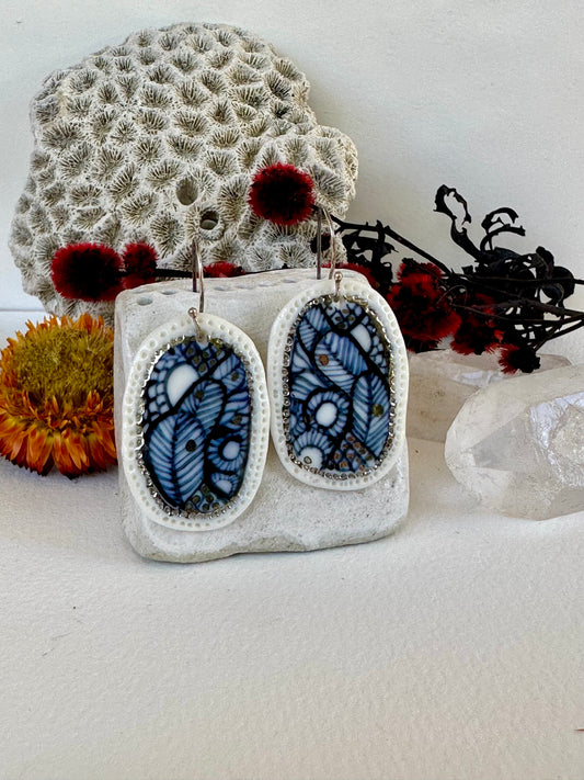 Hand Painted Porcelain ‘Seafoam’ Earrings with Silver Detail