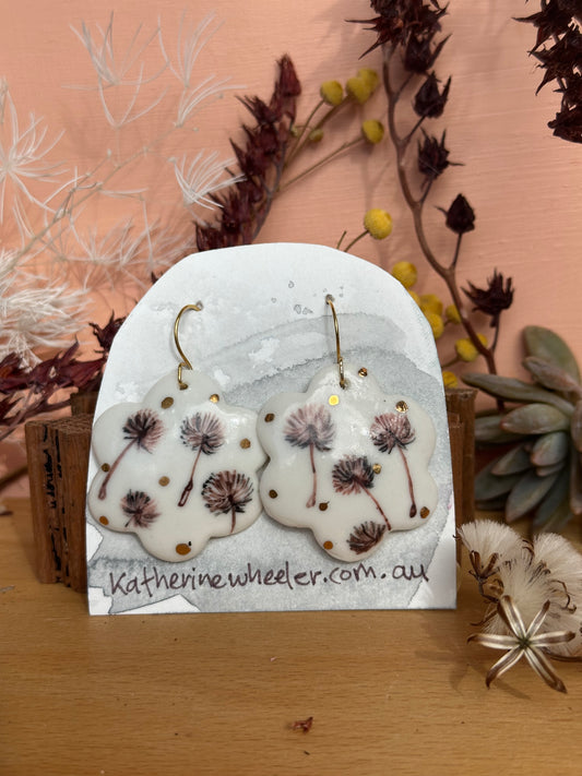Sepia Hand Painted Dandelion Porcelain Earrings with gold does