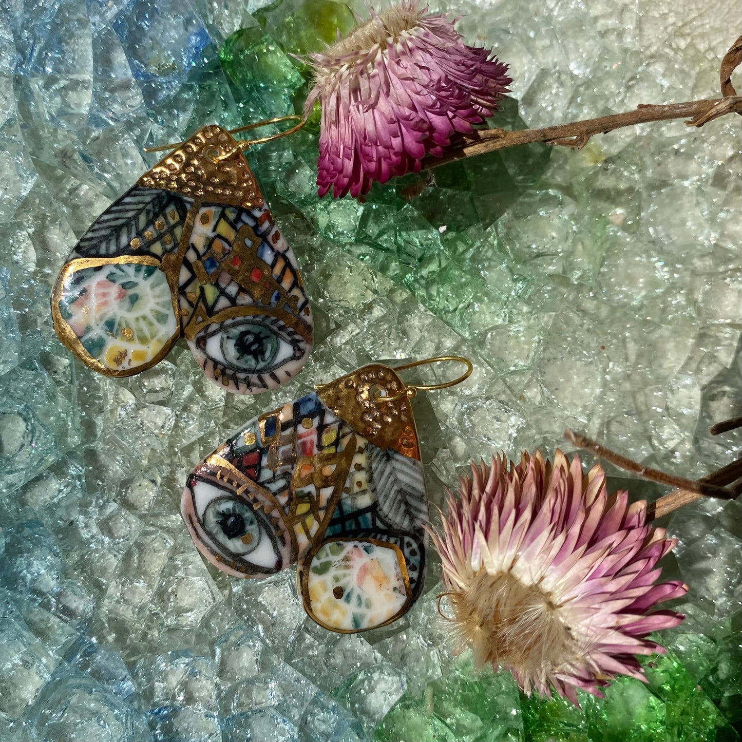 ‘Wings’ Porcelain Earrings, Hand Painted Protective Eye Design
