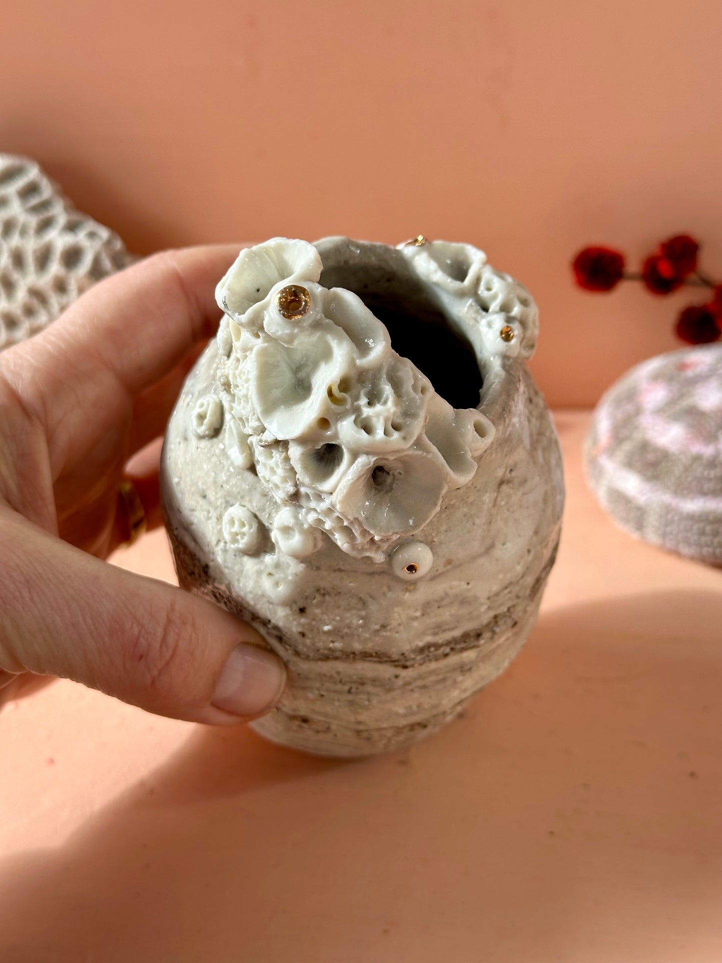Hand Detailed ‘Coral’ Stoneware and Porcelain Vase