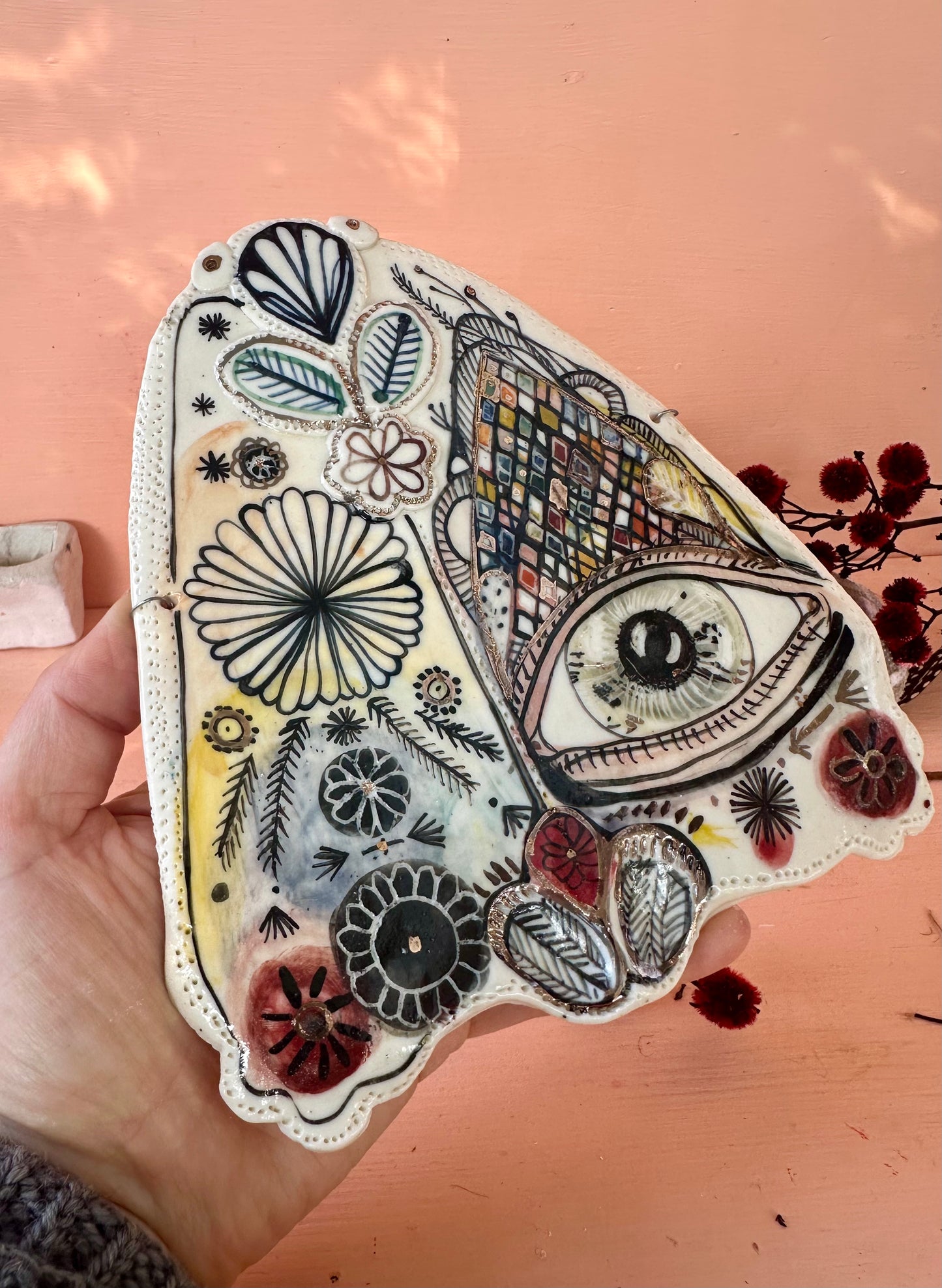 ‘Moth’ porcelain wall piece, with gold lustre detail