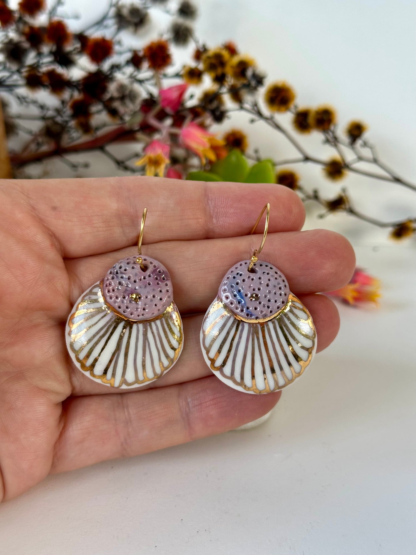 Porcelain hand painted earrings with gold detail