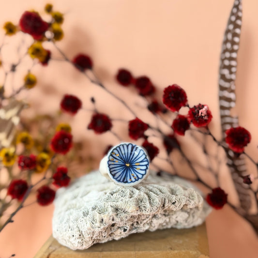 Hand Painted Indigo Porcelain ‘Daisy’ Ring size M