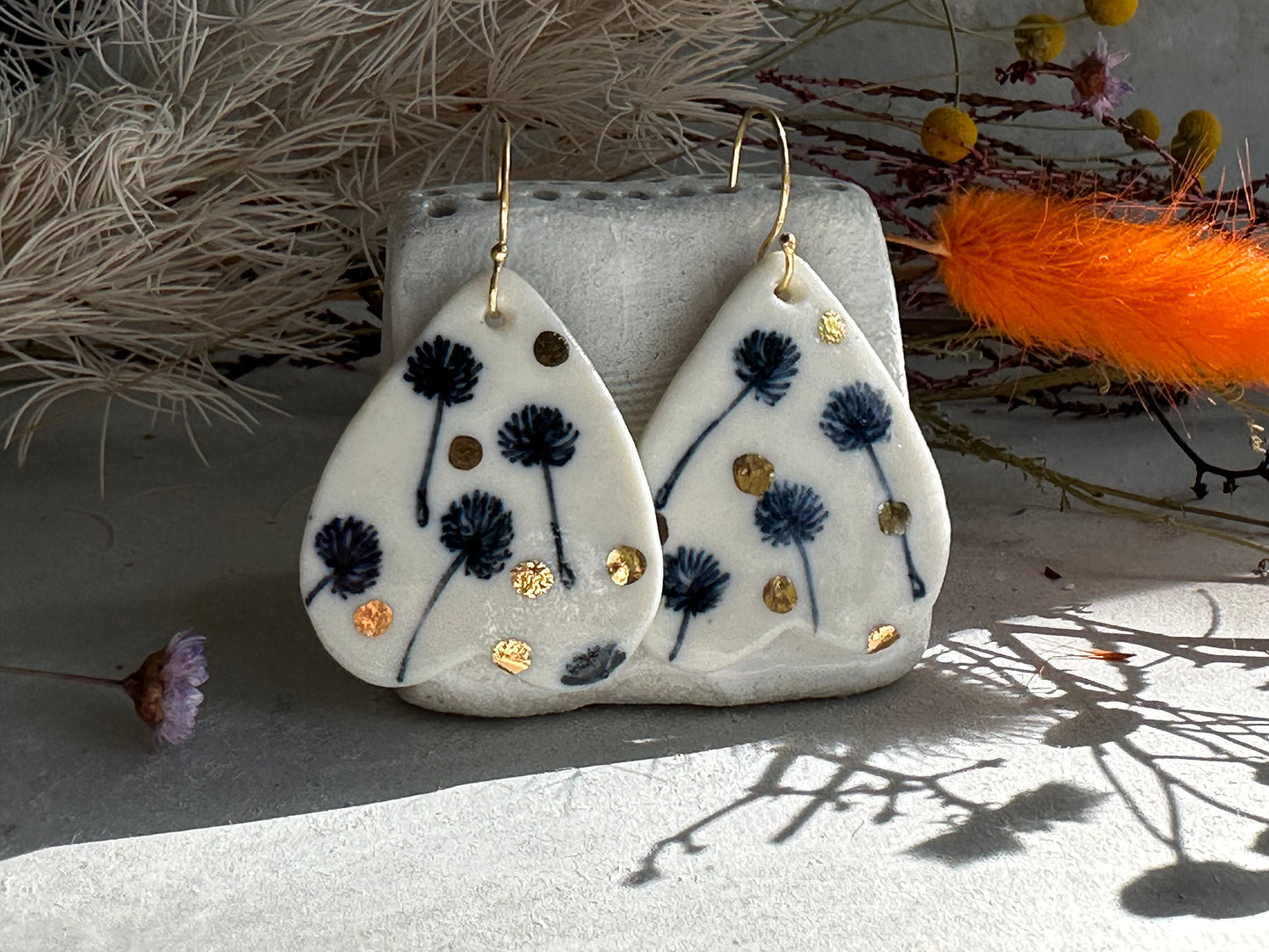 Hand Painted Dandelion Porcelain Earrings with gold dots