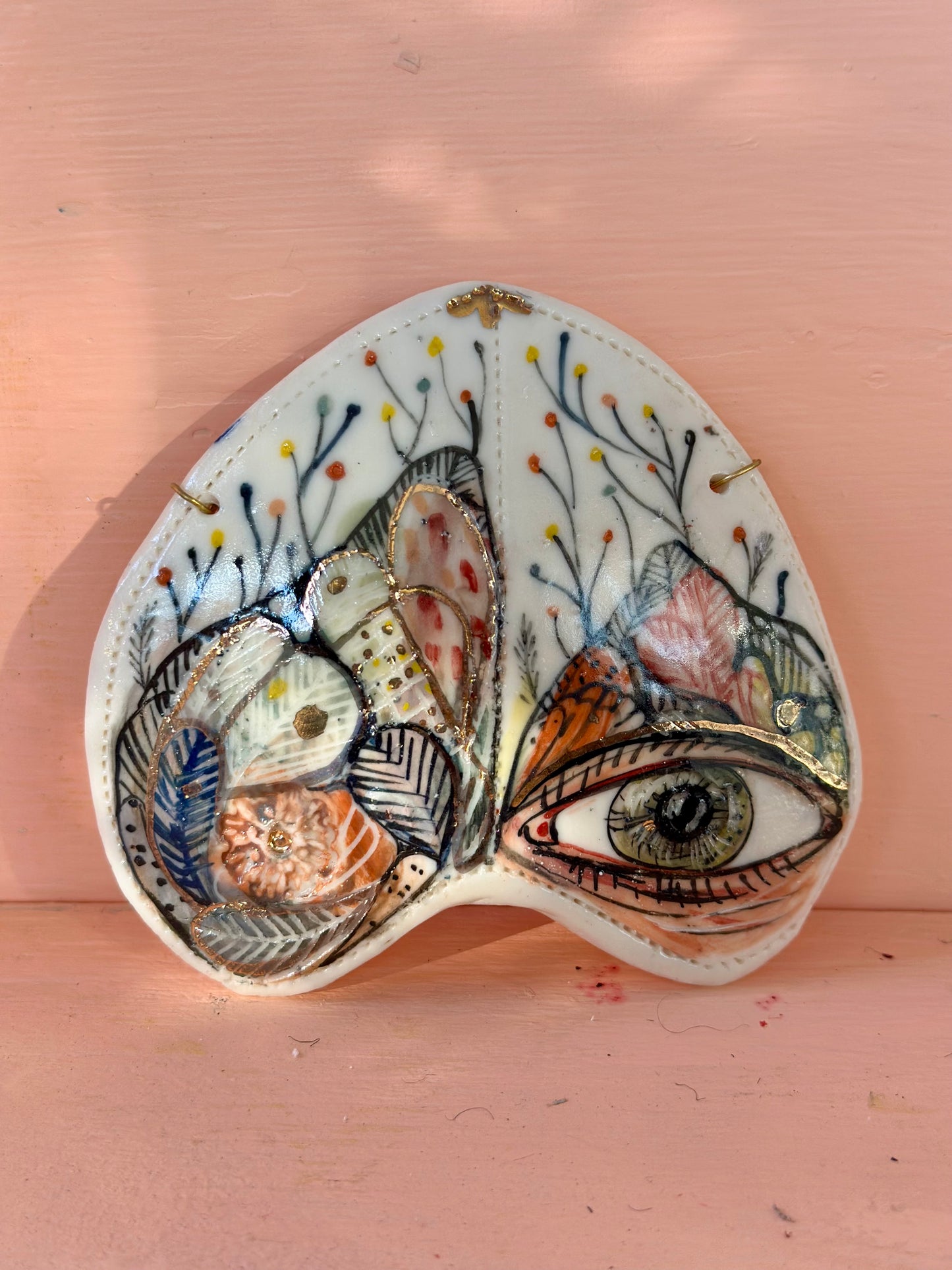 ‘Moth, protective eye’ porcelain wall piece, small gold lustre detail