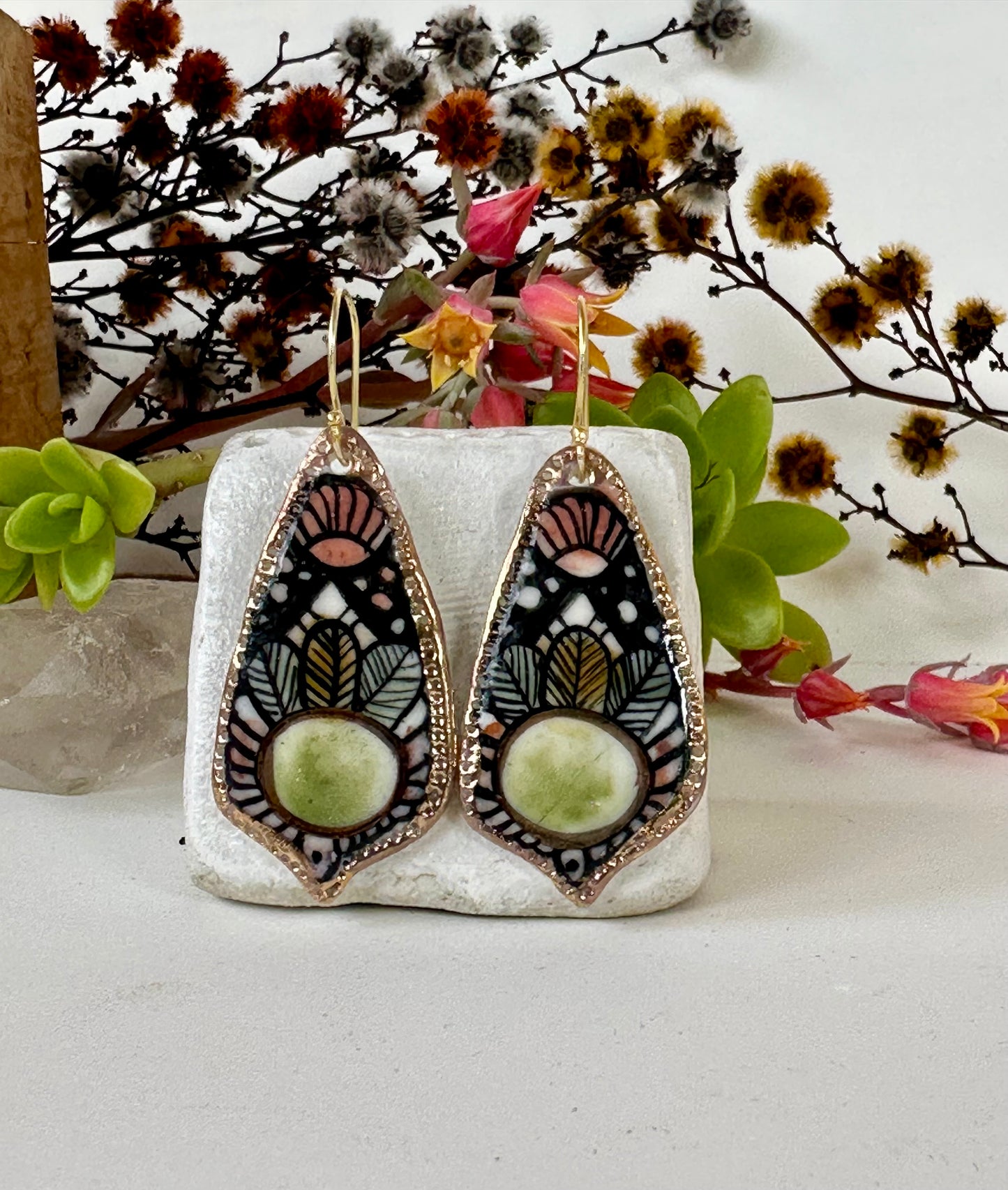 Hand Painted Porcelain Earrings Green
