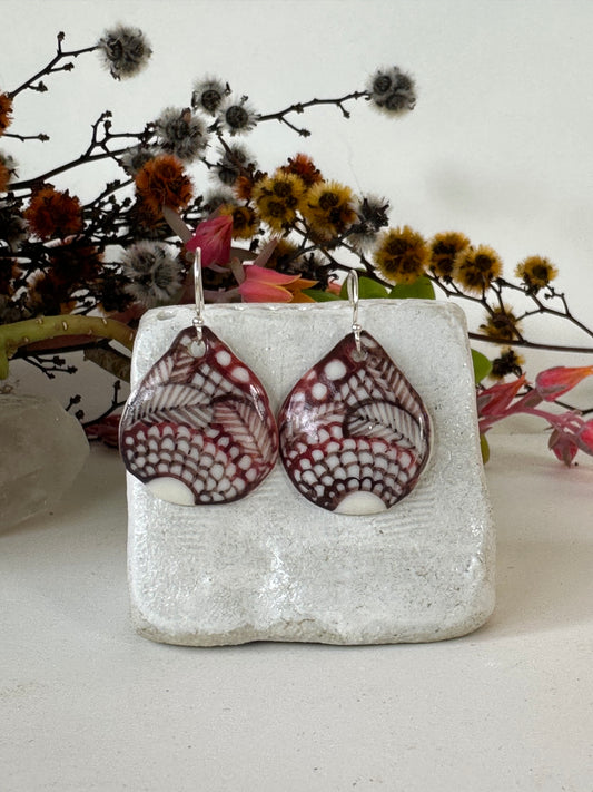 Burgundy Toned Porcelain Earrings With Hand Illustrated Design