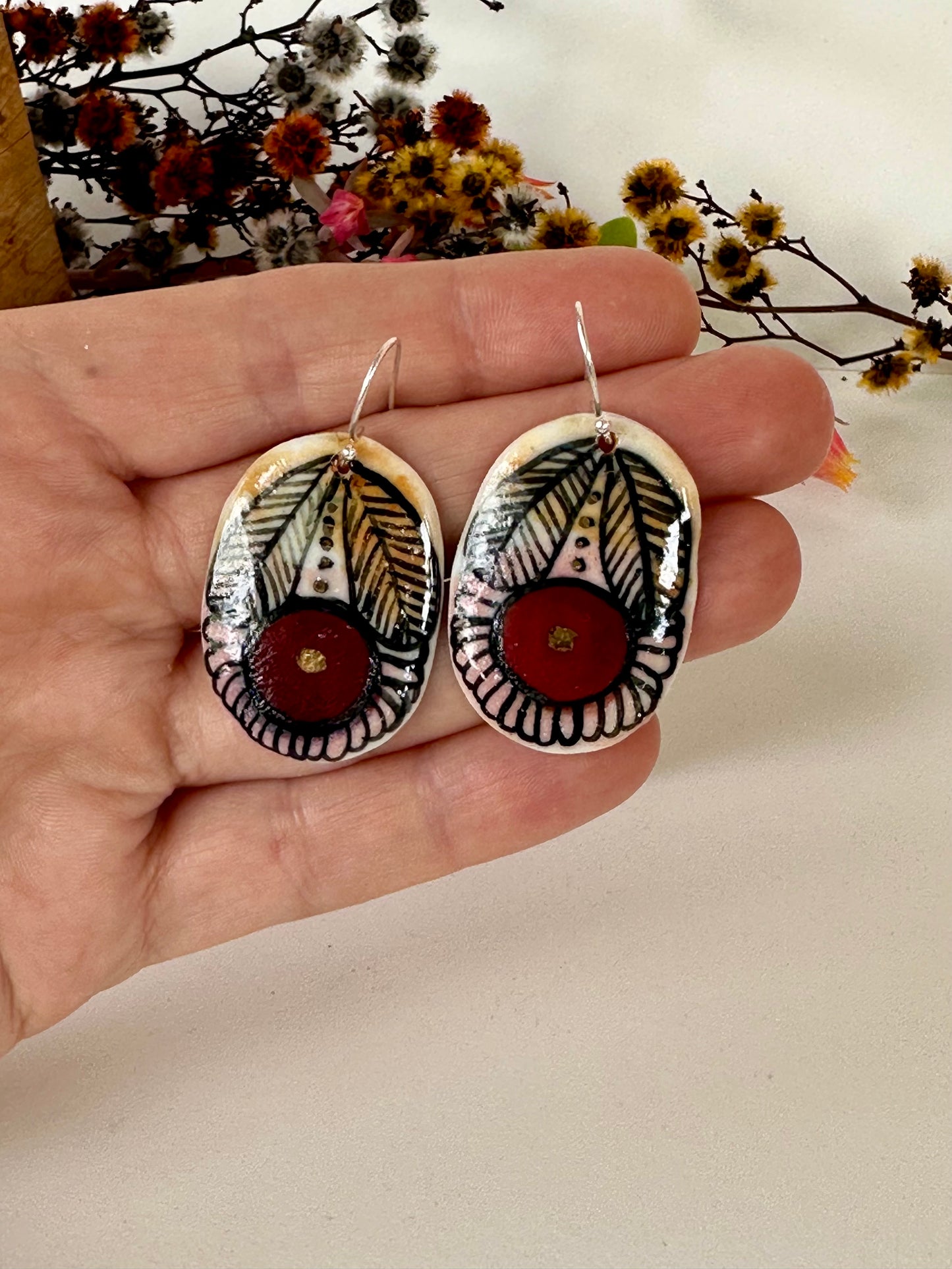 Hand Painted Porcelain Earrings, Red