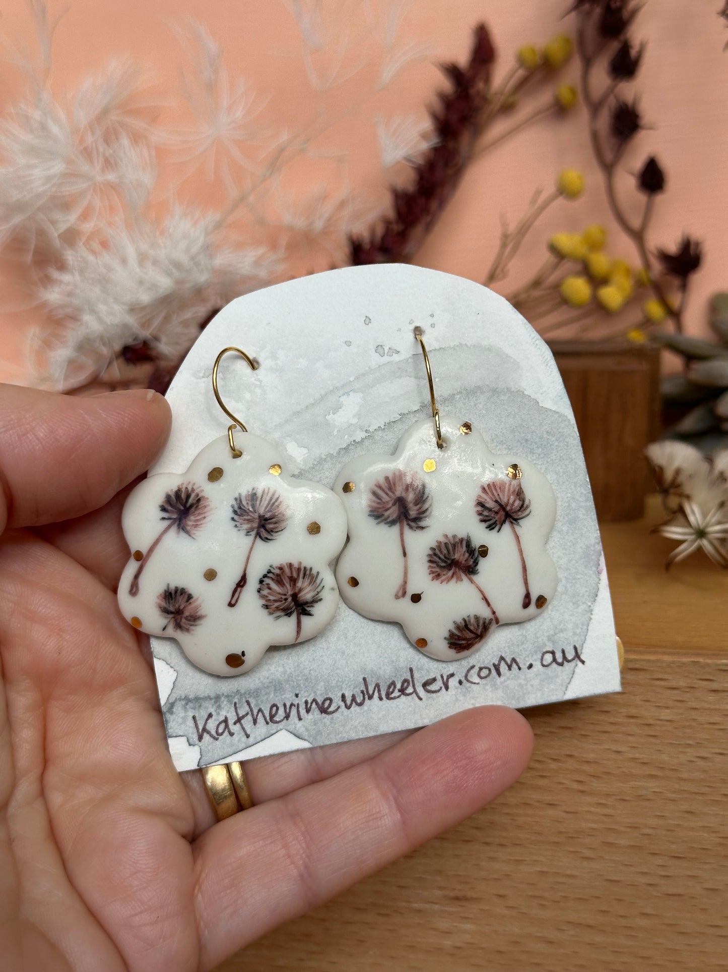 Sepia Hand Painted Dandelion Porcelain Earrings with gold does