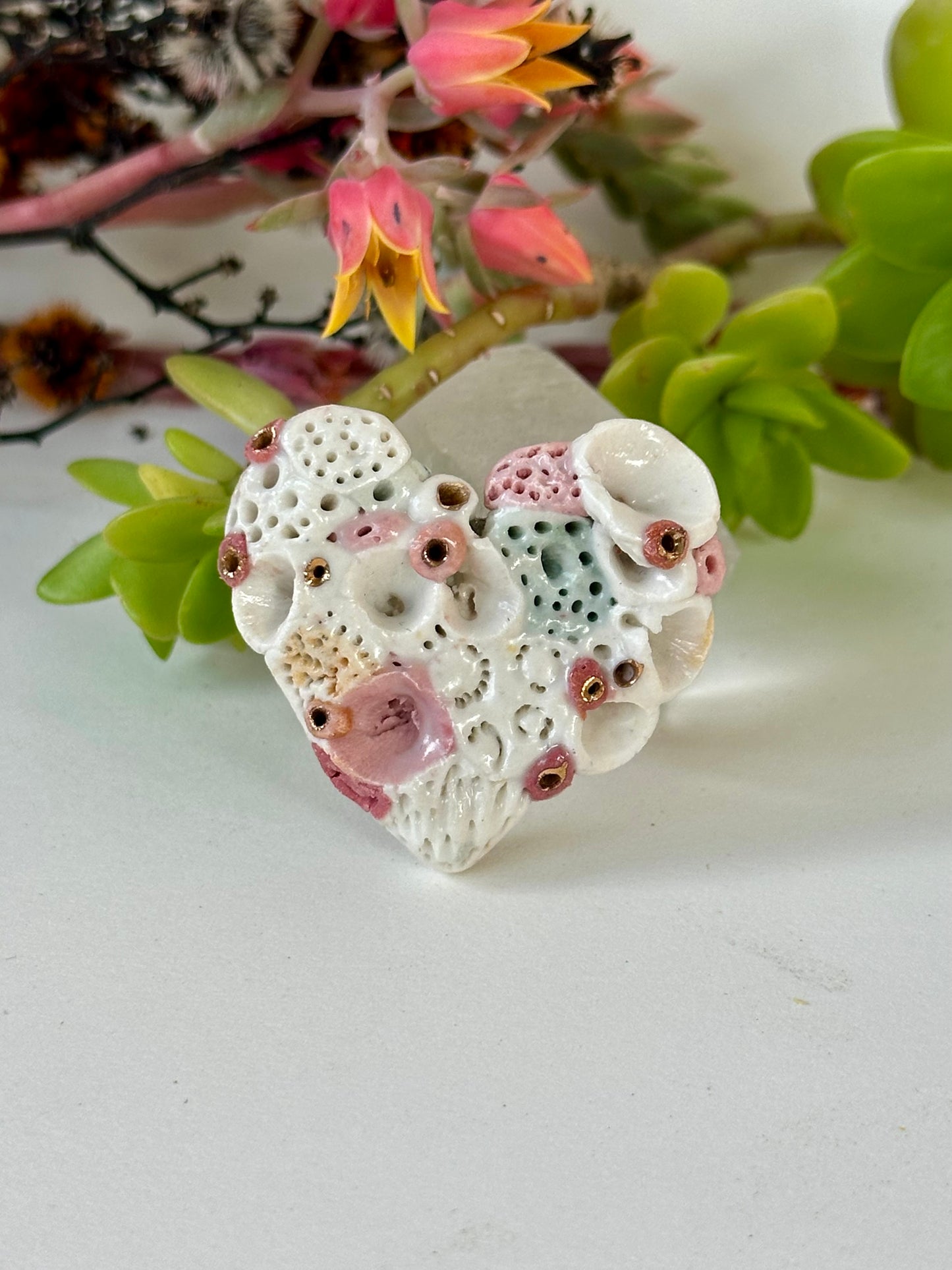 Heart shaped ‘Coral’ Hand Textured Porcelain Brooch