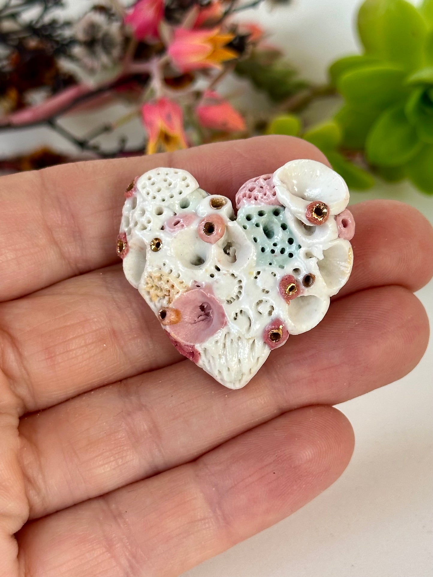 Heart shaped ‘Coral’ Hand Textured Porcelain Brooch