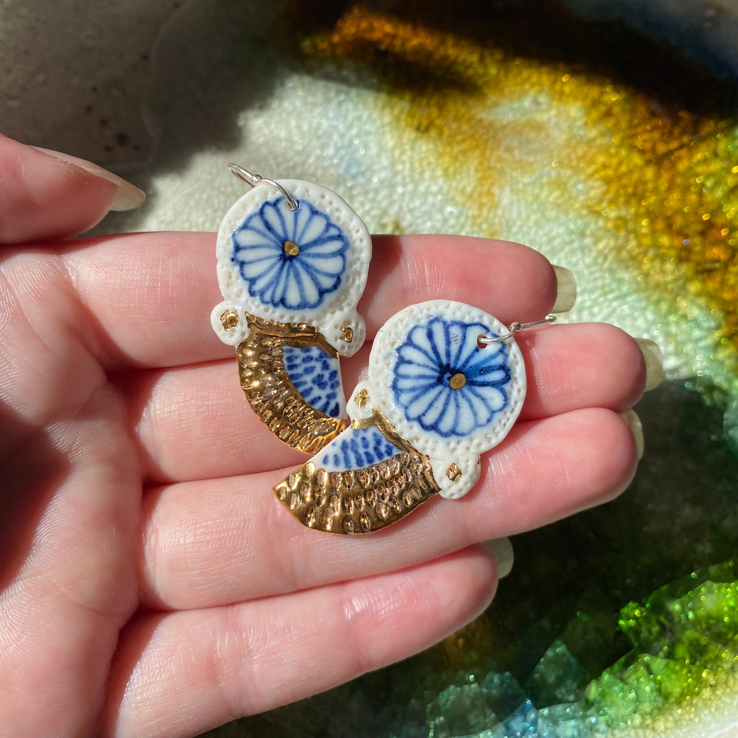 Blue & White Hand Painted Porcelain Crescent Earrings