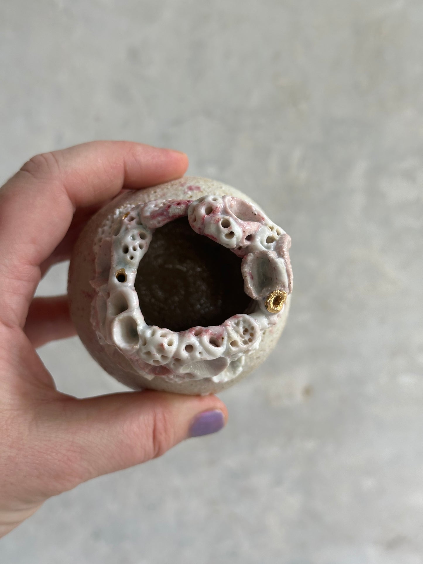 Hand Detailed Coral stoneware and pocain Vase
