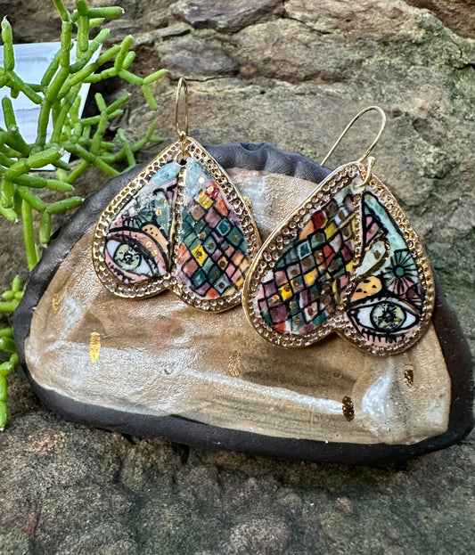 ‘Wings’ Porcelain Earrings with hand painted protective eye design