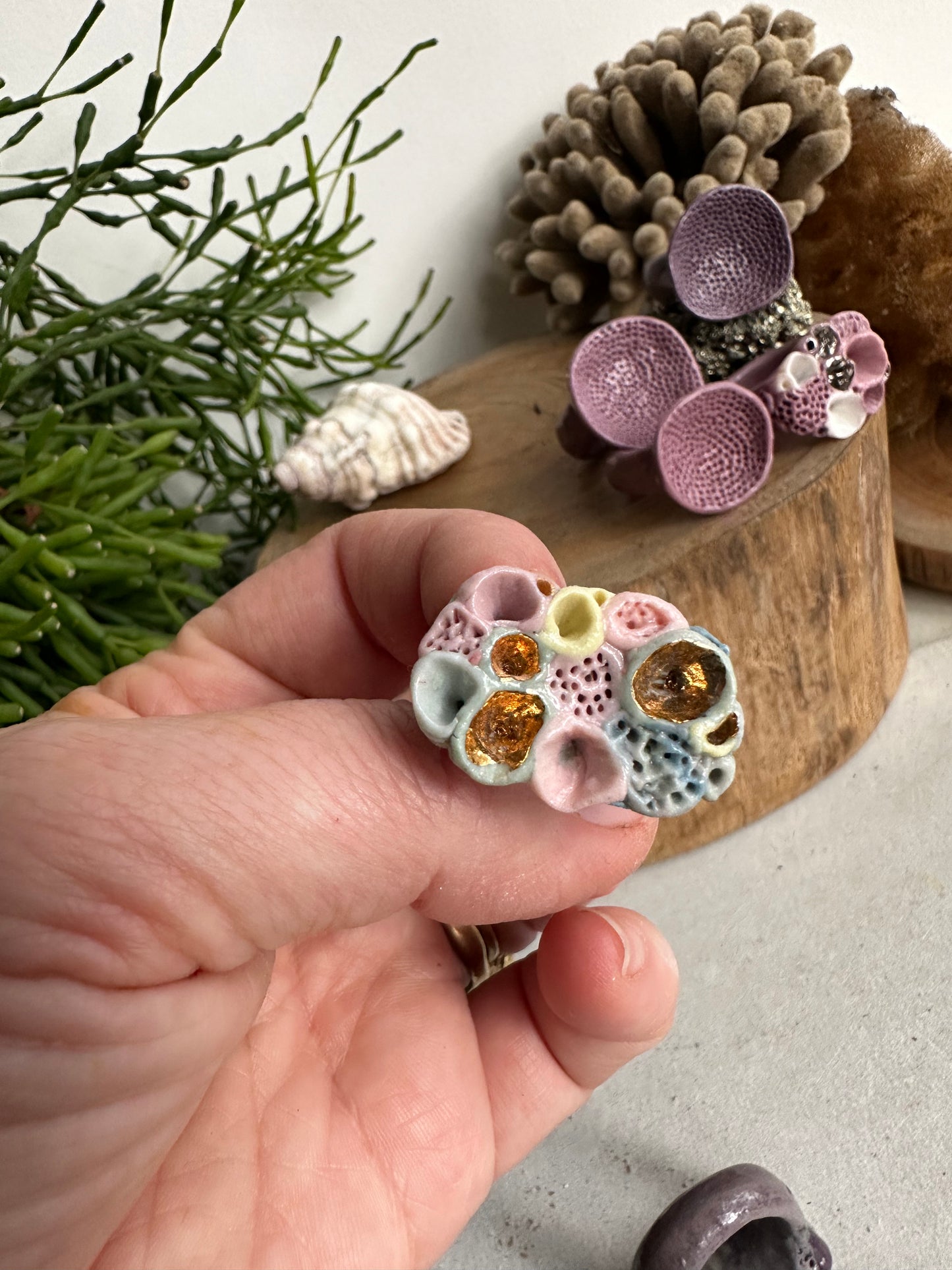 Handmade porcelain ‘rock coral’ rings, purples/ pinks